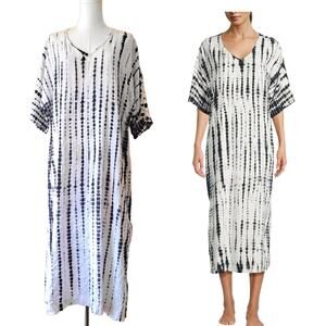 Kate Landry S/M White Black Tie Dye Shibori Caftan Midi Dress Coverup Loungewear